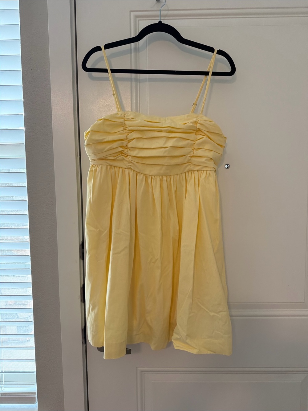 Spaghetti-Strap Yellow Mini Dress with Ruched Bodice
